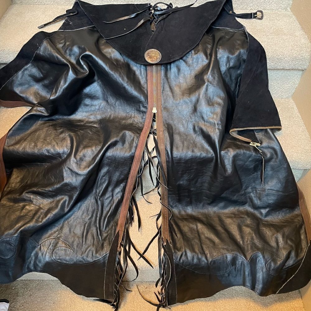 Vintage Dark Black Leather Fringe Chaps Cowboy Sterling Silver Fleming Accents